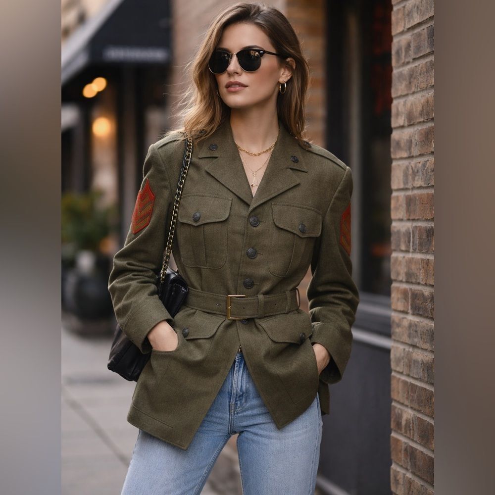 Vintage USMC Wool Coat w/ Belt – 1960s Military Jacket (XS/S)